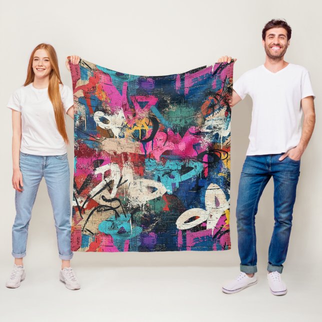 Gritty City Wall Graffiti Pink Blue Black Fleece Blanket (In Situ)