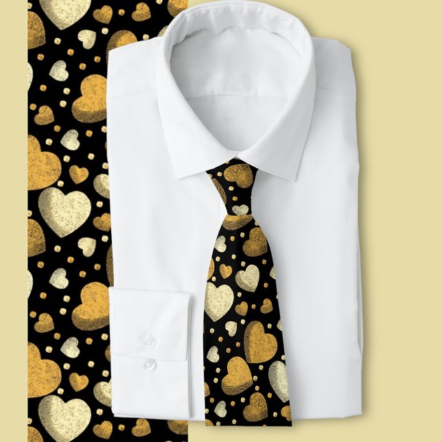Gritty Love hearts gold   Tie (Light and dark gold hearts on a black background )