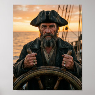 Grizzled Pirate Captain at Ship Wheel Sunset Fine  Poster