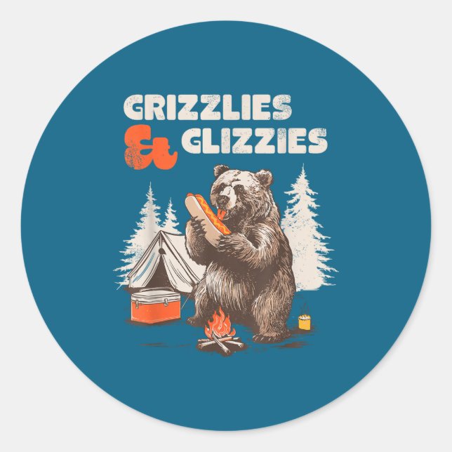 Grizzlies &amp; Glizzies Eating Hotdog Meme Funny  Classic Round Sticker (Front)