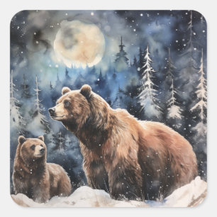 Grizzly Bear and Baby Square Sticker