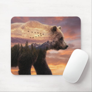 Grizzly Bear and Mountains Double Exposure Mouse Mat