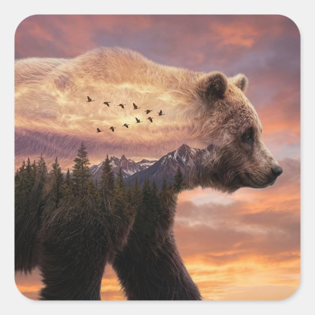 Grizzly Bear and Mountains Scene Double Exposure Square Sticker (Front)