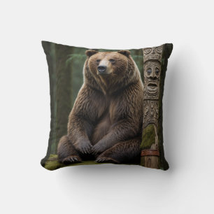 Grizzly Bear and Totem Pole Wildlife Art Cushion