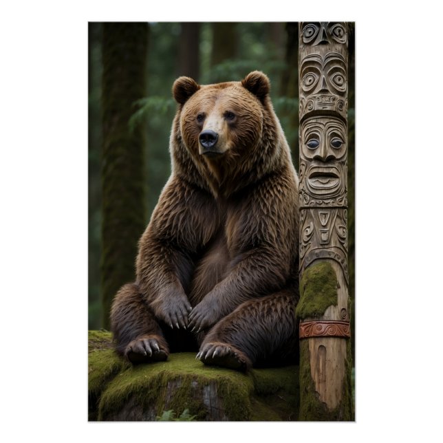 Grizzly Bear and Totem Pole Wildlife Art Poster (Front)