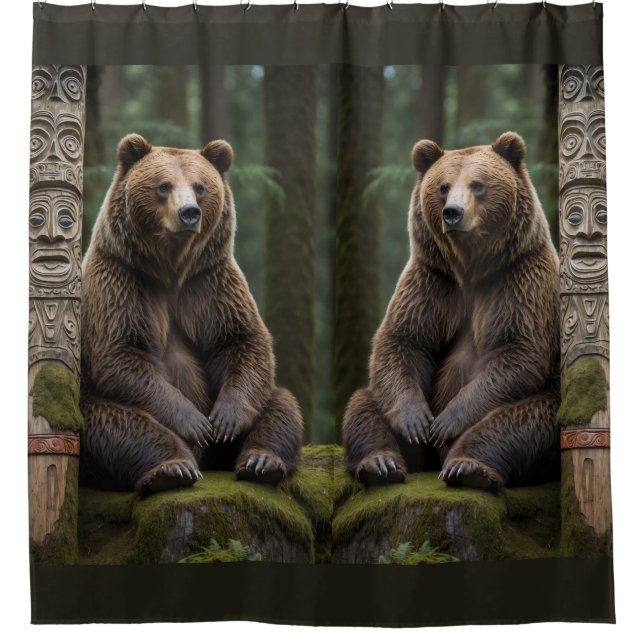 Grizzly Bear and Totem Pole Wildlife Art Shower Curtain (Front)