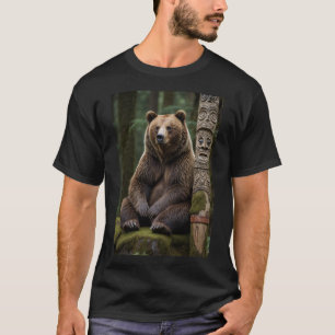 Grizzly Bear and Totem Pole Wildlife Art T-Shirt