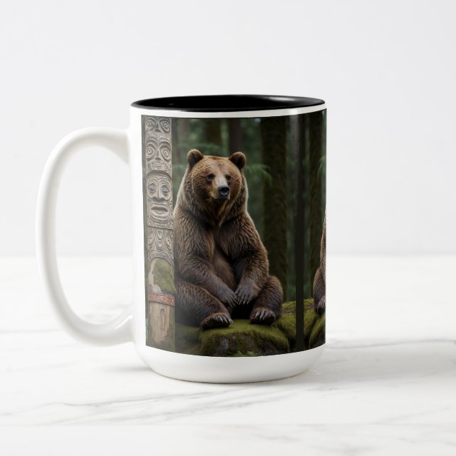 Grizzly Bear and Totem Pole Wildlife Art Two-Tone Coffee Mug (Left)