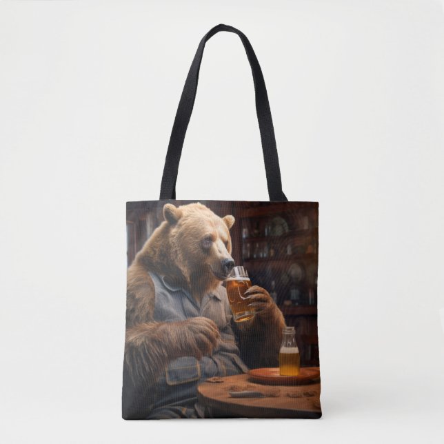 Grizzly Bear Animal Fun Drinking Happy Relax Time Tote Bag (Front)