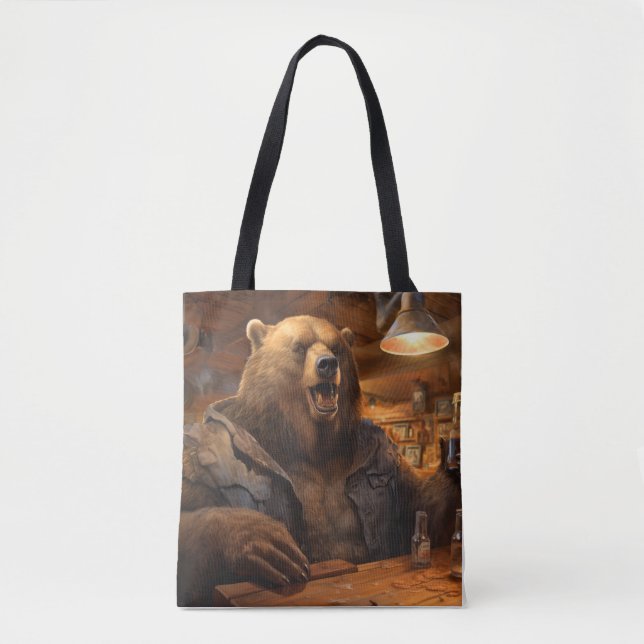 Grizzly Bear Animal Fun Drinking Happy Relax Time Tote Bag (Front)