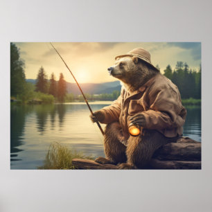 Grizzly Bear Animal Fun Lake Fishing Happy Time  Poster