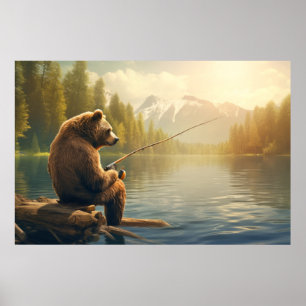Grizzly Bear Animal Fun Lake Fishing Happy Time Poster