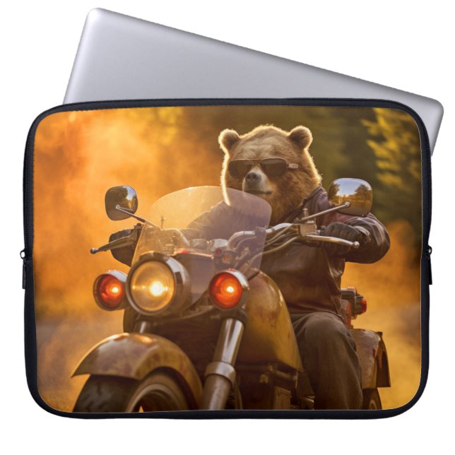 Grizzly Bear Animal Fun Riding Moto Bike Happy  Laptop Sleeve (Front)