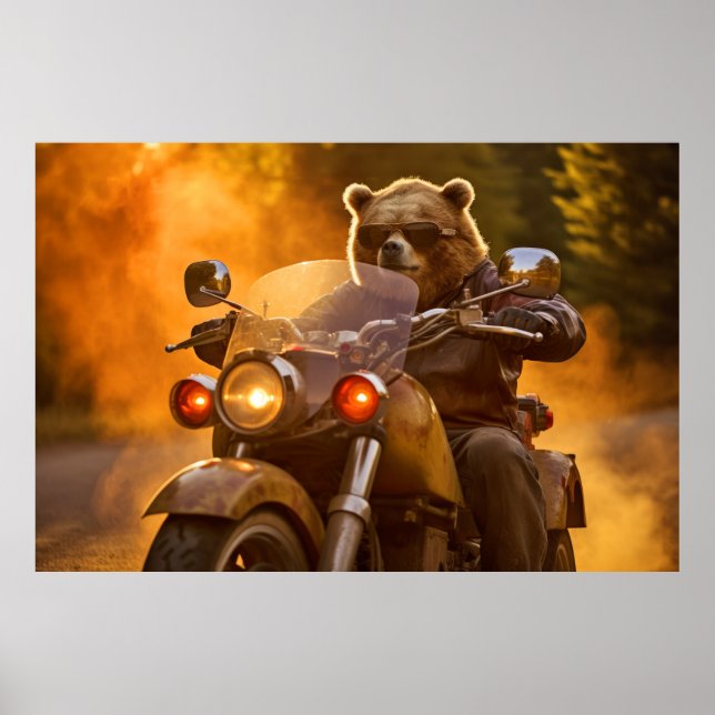 Grizzly Bear Animal Fun Riding Moto Bike Happy  Poster (Front)