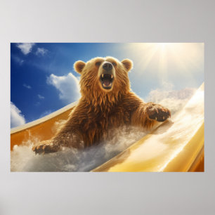 Grizzly Bear Animal Fun Water Slide Happy Time Poster