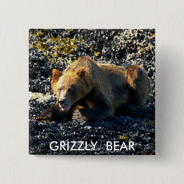 GRIZZLY BEAR ART 15 CM SQUARE BADGE (Front)