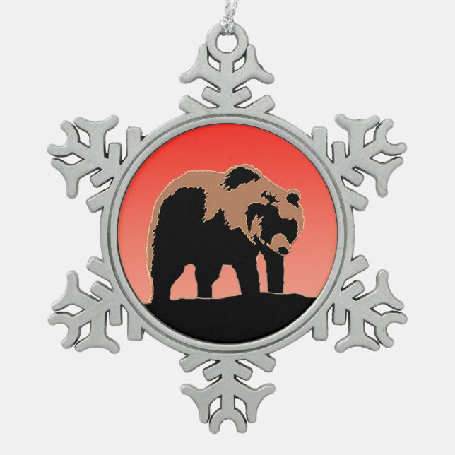 Grizzly Bear at Sunset  - Original Wildlife Art Snowflake Pewter Christmas Ornament (Front)