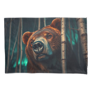 Grizzly Bear, Birches and Aurora Art Pillowcase