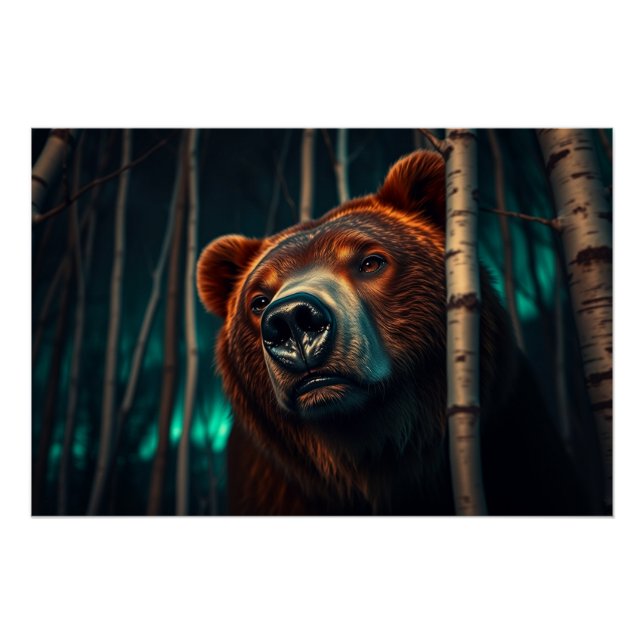 Grizzly Bear, Birches and Aurora Art Poster (Front)
