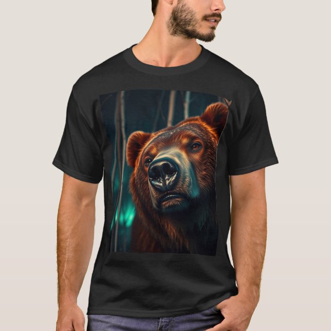 Grizzly Bear, Birches and Aurora Art T-Shirt (Front)