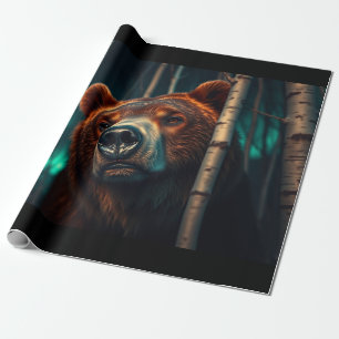 Grizzly Bear, Birches and Aurora Art Wrapping Paper