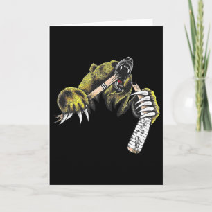 Grizzly Bear Bursting Though Biting Hockey Stick L Card