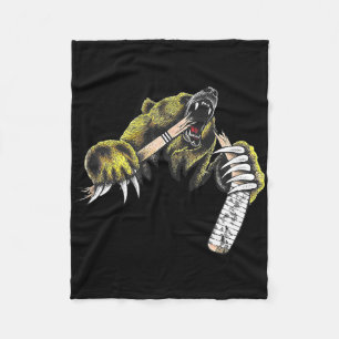 Grizzly Bear Bursting Though Biting Hockey Stick L Fleece Blanket