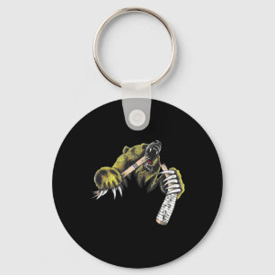 Grizzly Bear Bursting Though Biting Hockey Stick L Key Ring