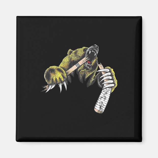 Grizzly Bear Bursting Though Biting Hockey Stick L Magnet (Front)