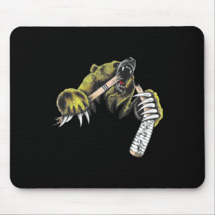 Grizzly Bear Bursting Though Biting Hockey Stick L Mouse Mat