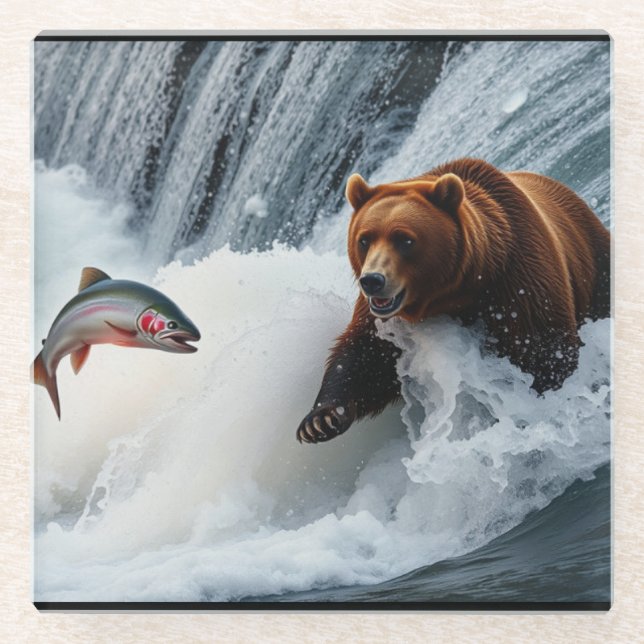 Grizzly Bear Catching Salmon Glass Coaster (Front)