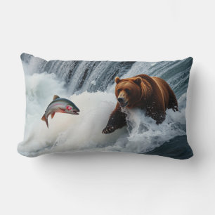 Grizzly Bear Catching Salmon Lumbar Cushion