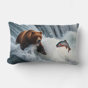 Grizzly Bear Catching Salmon Lumbar Cushion