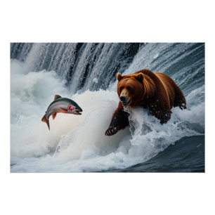 Grizzly Bear Catching Salmon Poster