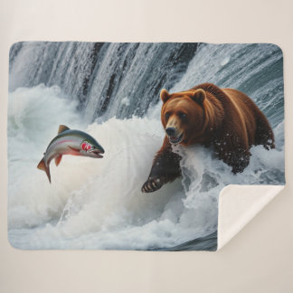 Grizzly Bear Catching Salmon Sherpa Blanket