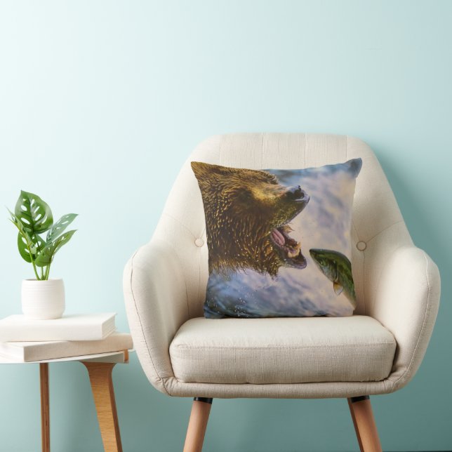 Grizzly Bear Catching Steel-head Salmon pillow (Chair)
