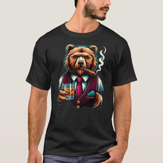 Grizzly Bear Cigar And Whiskey T-Shirt (Front)