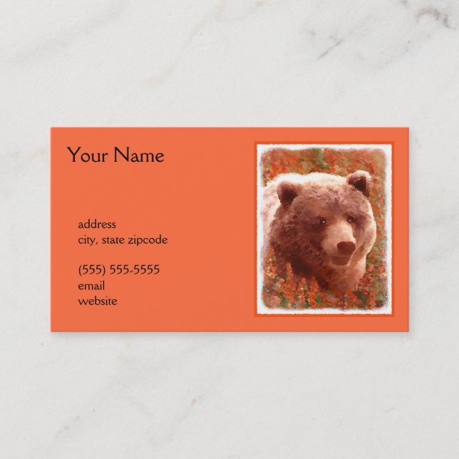 Grizzly Bear Cub in Fireweed Painting Wildlife Art Business Card (Front)