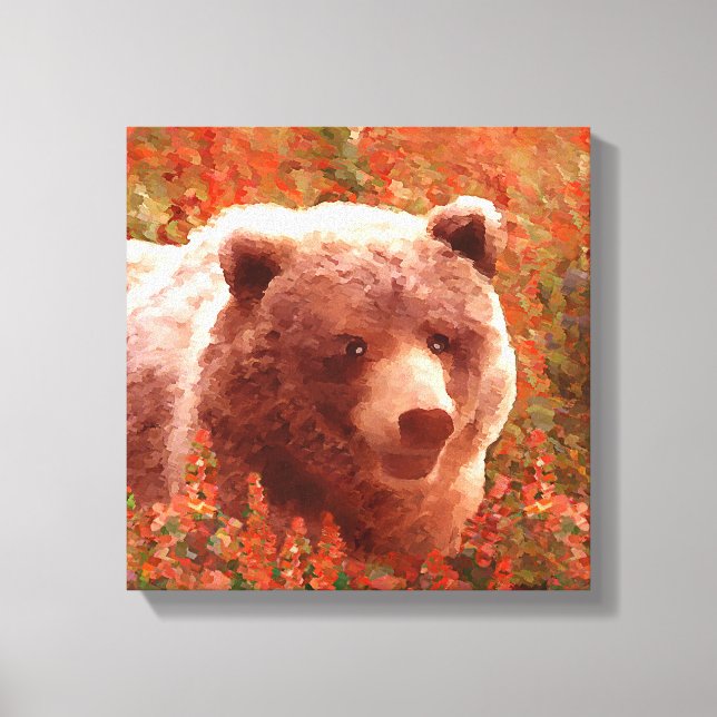 Grizzly Bear Cub in Fireweed Painting Wildlife Art Canvas Print (Front)