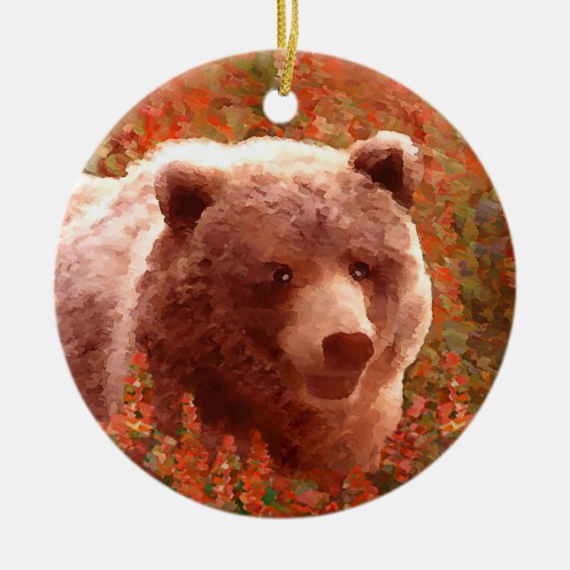 Grizzly Bear Cub in Fireweed Painting Wildlife Art Ceramic Tree Decoration (Front)