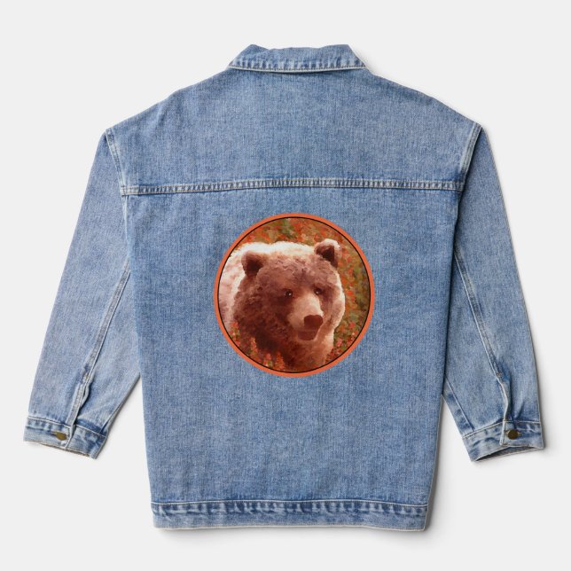 Grizzly Bear Cub in Fireweed Painting Wildlife Art Denim Jacket (Back)