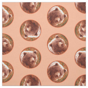 Grizzly Bear Cub in Fireweed Painting Wildlife Art Fabric