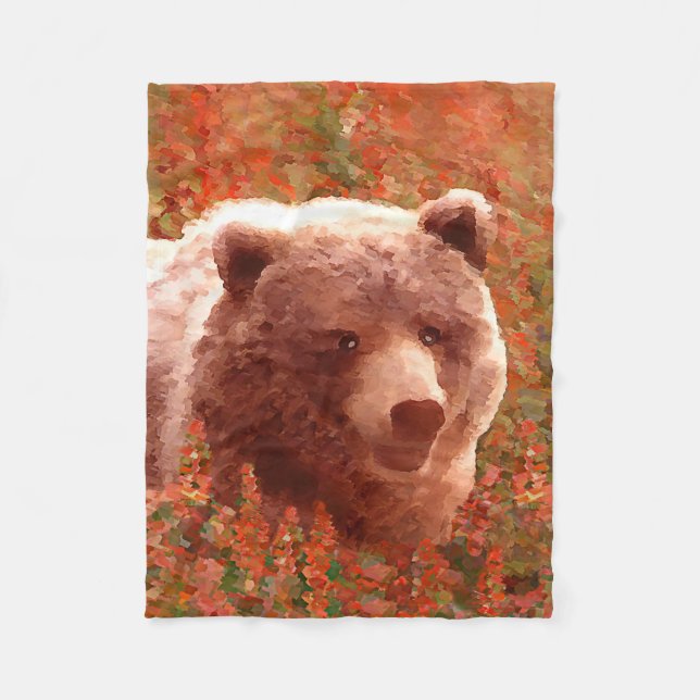 Grizzly Bear Cub in Fireweed Painting Wildlife Art Fleece Blanket (Front)