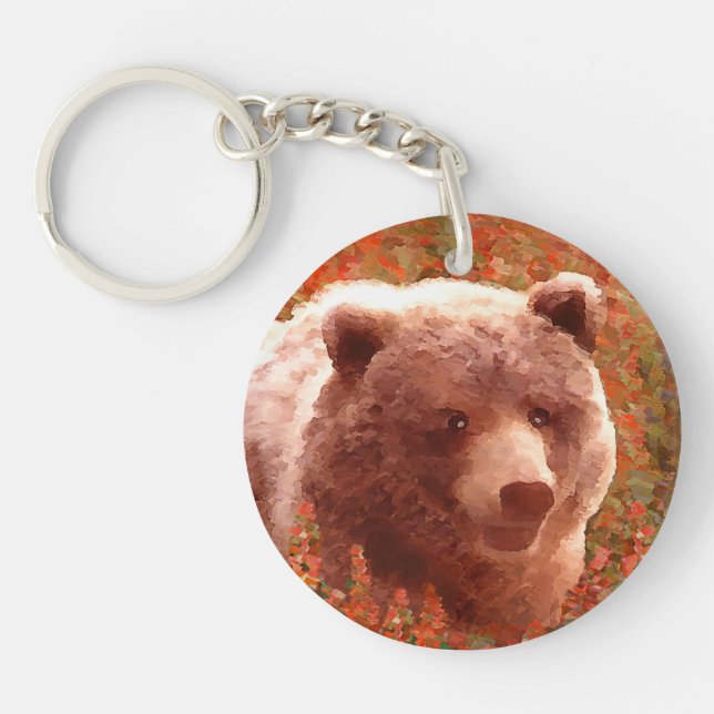 Grizzly Bear Cub in Fireweed Painting Wildlife Art Key Ring (Front)