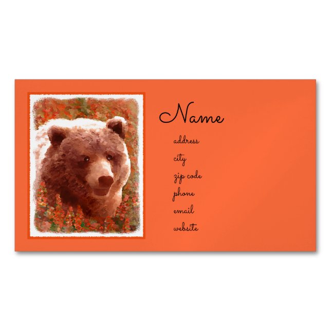 Grizzly Bear Cub in Fireweed Painting Wildlife Art Magnetic Business Card (Front)