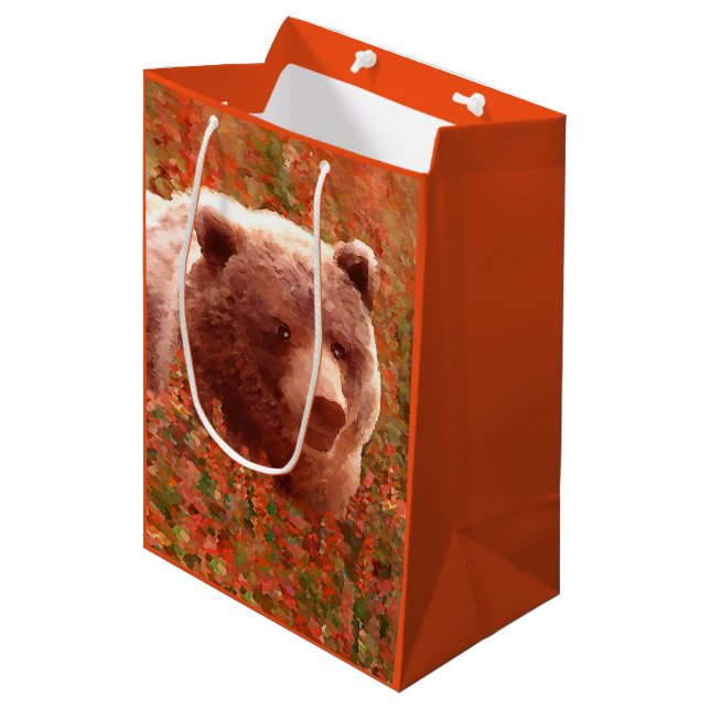 Grizzly Bear Cub in Fireweed Painting Wildlife Art Medium Gift Bag (Front Angled)