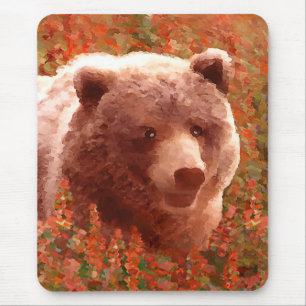 Grizzly Bear Cub in Fireweed Painting Wildlife Art Mouse Mat