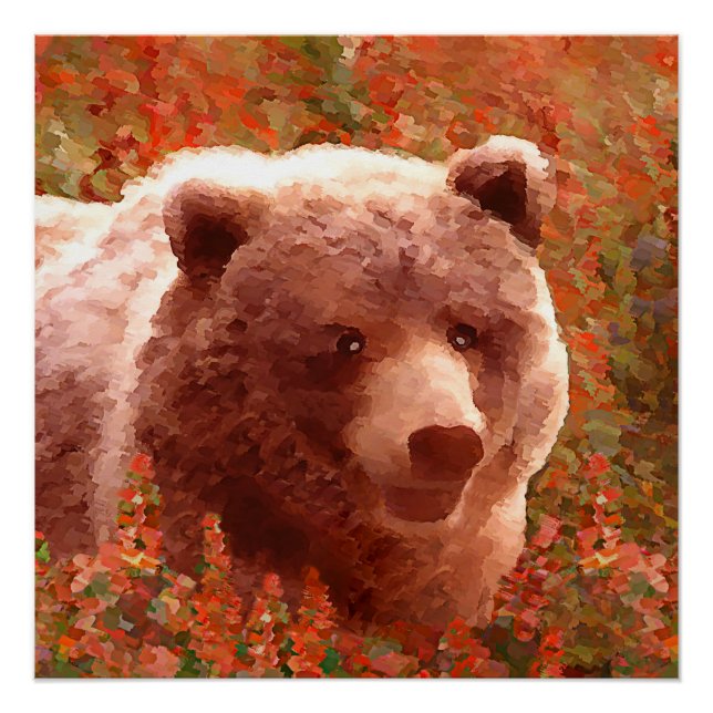 Grizzly Bear Cub in Fireweed Painting Wildlife Art Poster (Front)