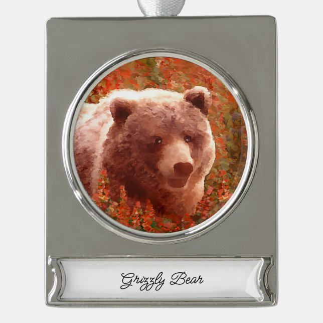 Grizzly Bear Cub in Fireweed Painting Wildlife Art Silver Plated Banner Ornament (Front)