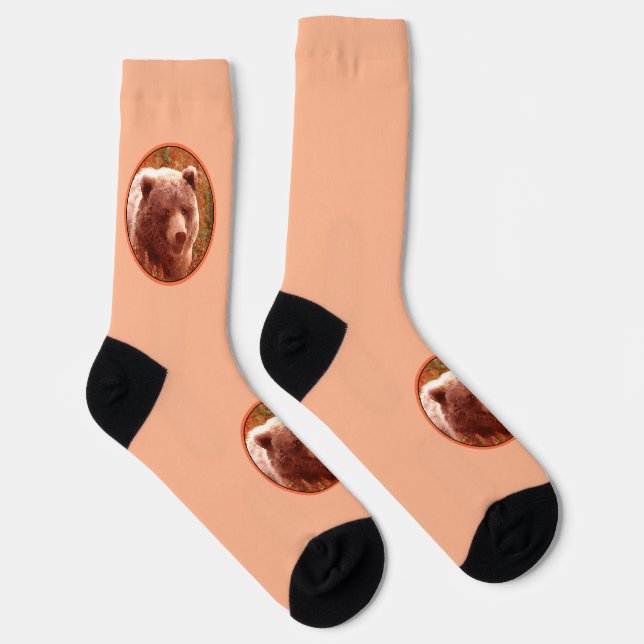 Grizzly Bear Cub in Fireweed Painting Wildlife Art Socks (Right)